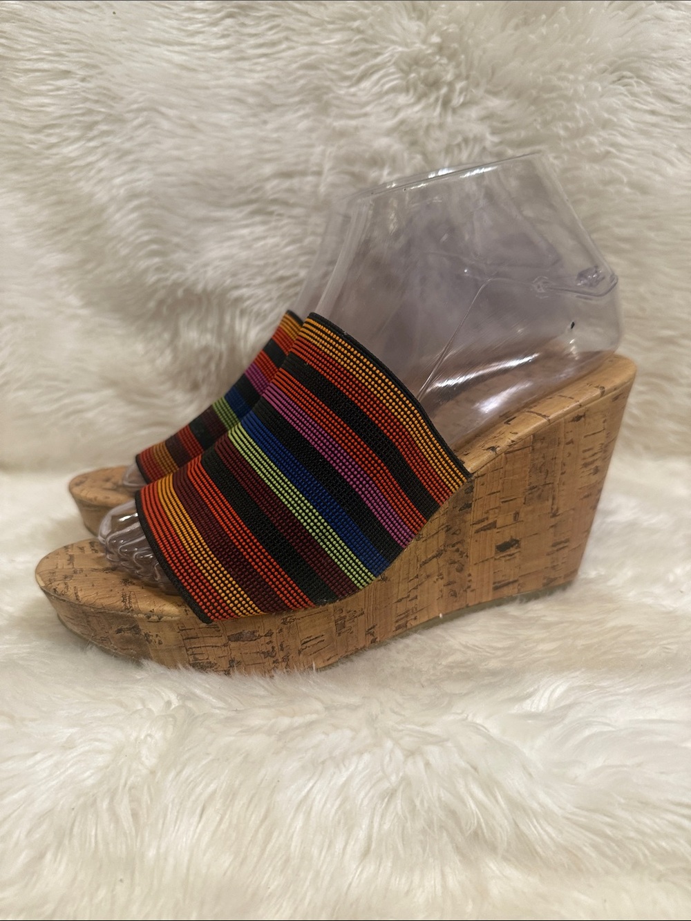 Montego Bay Club Rainbow Stripe Cork Wedge Slide Sandals Size 6.5